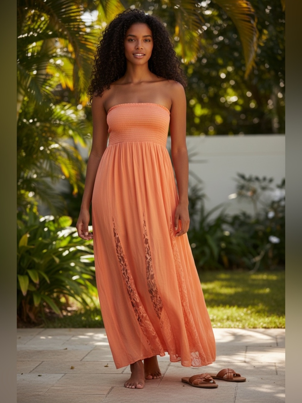 VENUS Strapless Lace-Panel Coral Maxi Dress